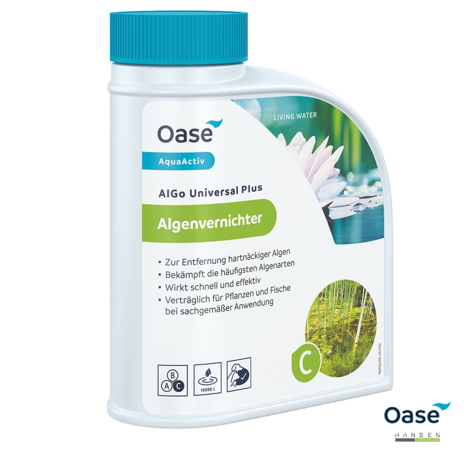 Abbildung zeigt freigestelltes Produktbild zum 500 ml Gebinde Oase AquaActiv AlGo Universal Plus 500 ml