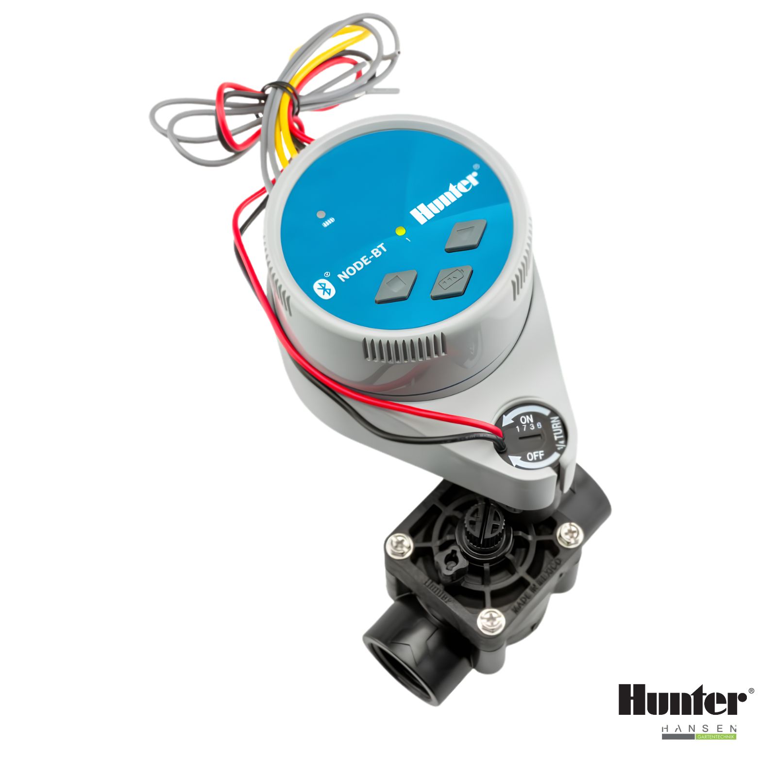 Abbildung zeigt freigestelltes Produktbild zum batteriebetriebenen Steuergerät Hunter Steuergerät NODE-BT-100-VALVE-B, 1 Station, installiert an PGV-101-G Ventil, mit Magnetspule
