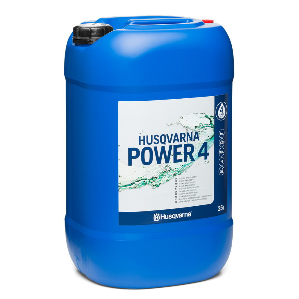 Abbildung zeigt freigestelltes Produktbild zu Husqvarna Gerätebenzin Power 4 Sonderkraftstoff 25 Liter Kanister 4-Takt.Motoren