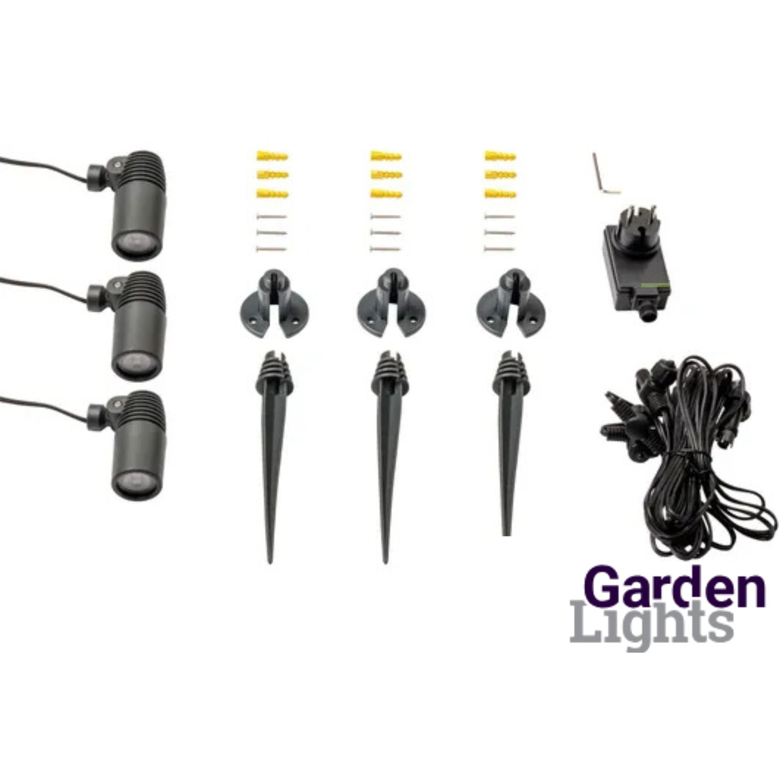 Abbildung zeigt den Lieferumfang zum Garden Lights Alder LED Spot 3er Set