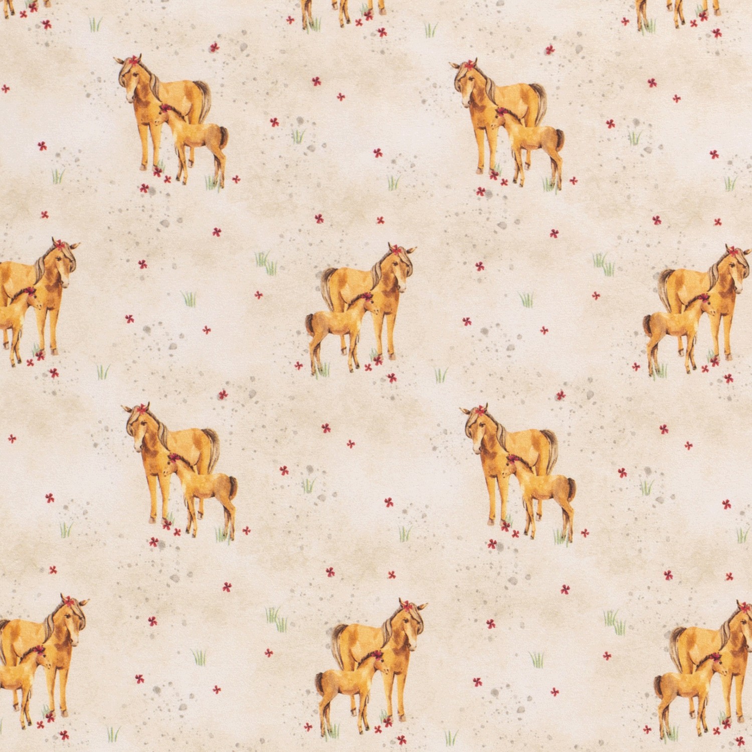 Pferde Stoffe Jersey Baumwolle Baumwoll-Jersey Pferd Mit Fohlen Beige