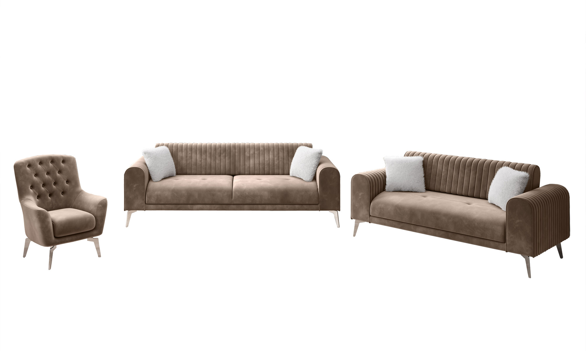 3-2-1 Sofa Set Mikado mit Bettfunktion und integrierter Visco-Auflage Nude Beige