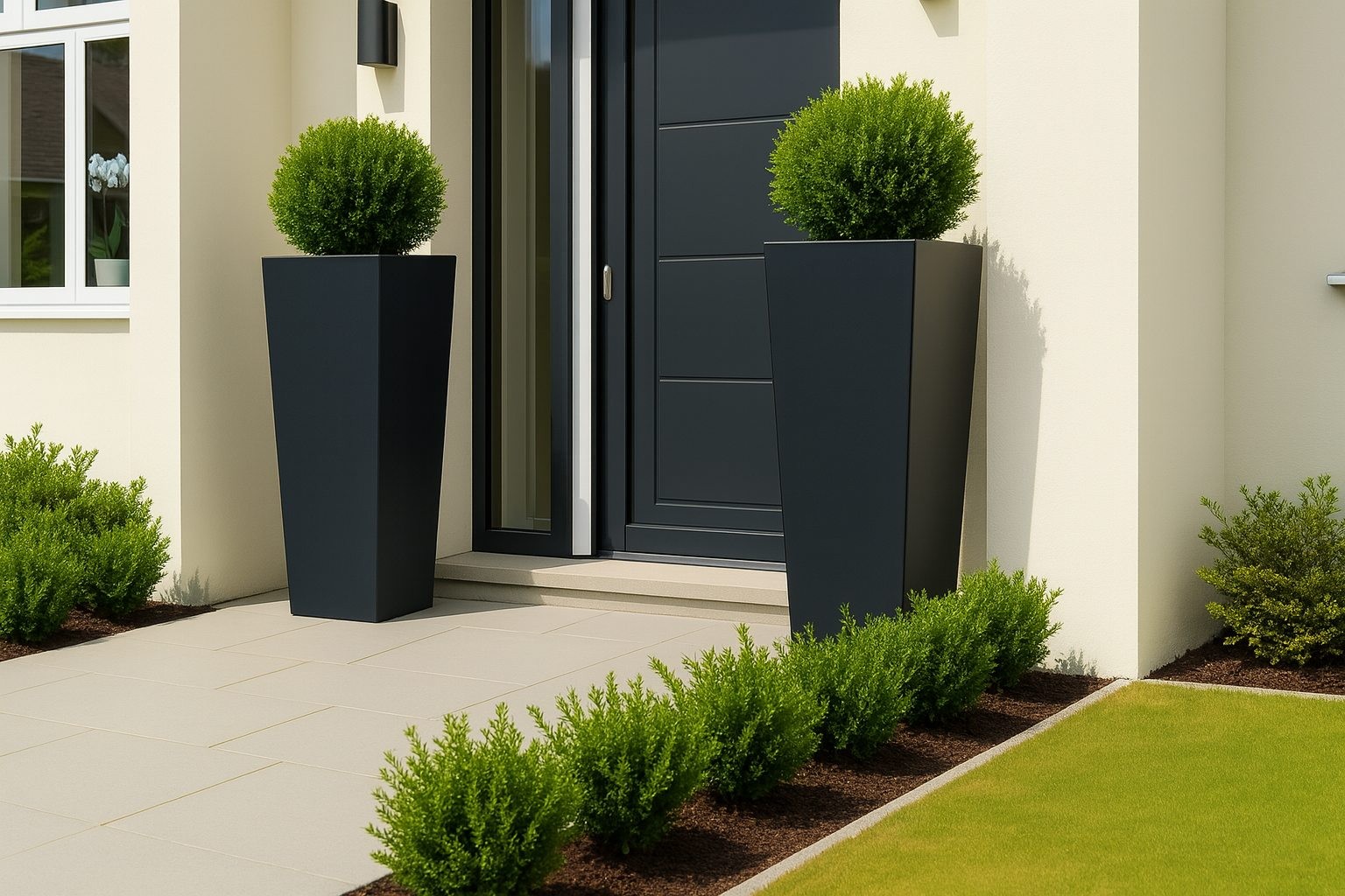Zwei schwarze hohe Pflanzsäulen in konischer Form flankieren eine moderne schwarze Haustür, dekorative Eingangsgestaltung mit Buchsbaum.