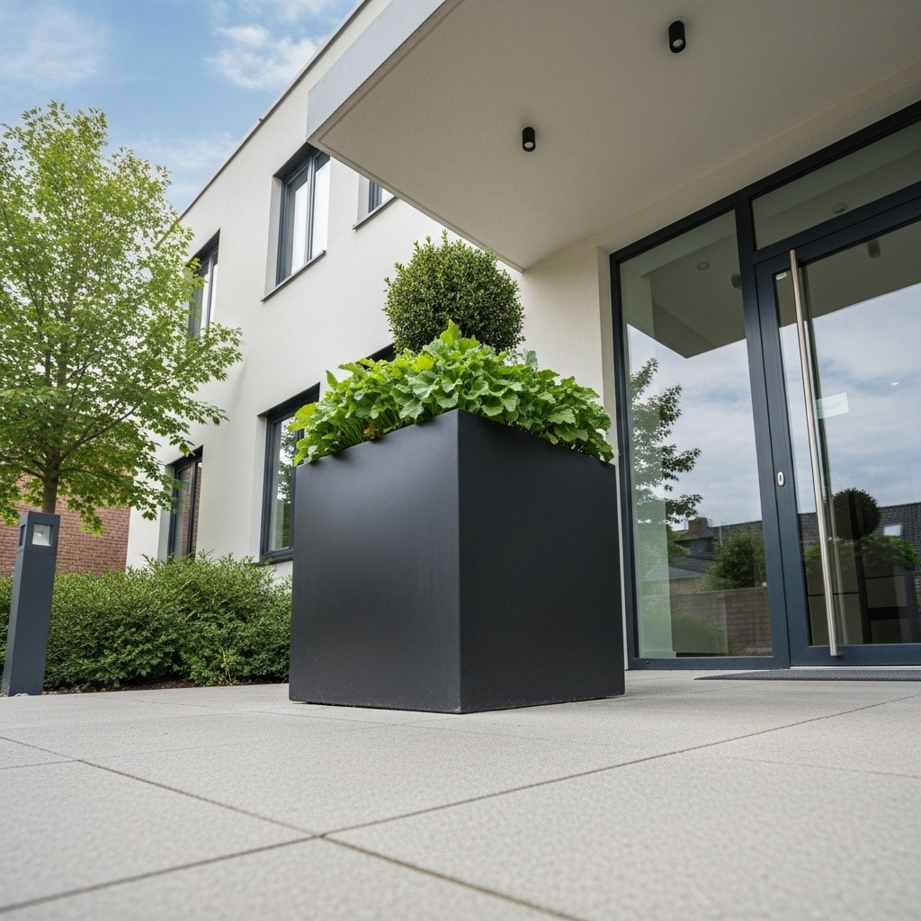 Großer quadratischer Pflanzkübel in Schwarz-matt in Würfelform, modern bepflanzt vor einem Hauseingang mit Glasfront und Betonplatten.