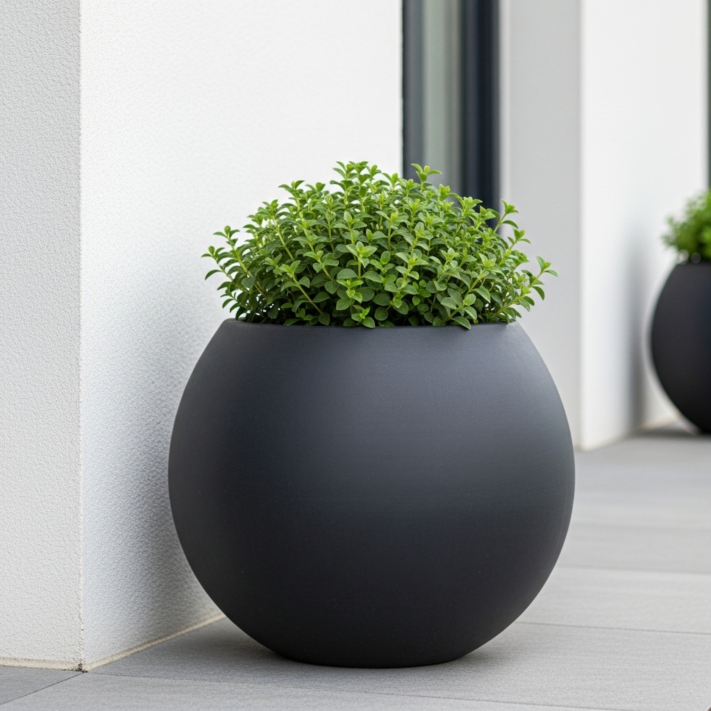 Runder schwarzer Pflanzkübel in Kugelform mit immergrüner Bepflanzung auf moderner Terrasse