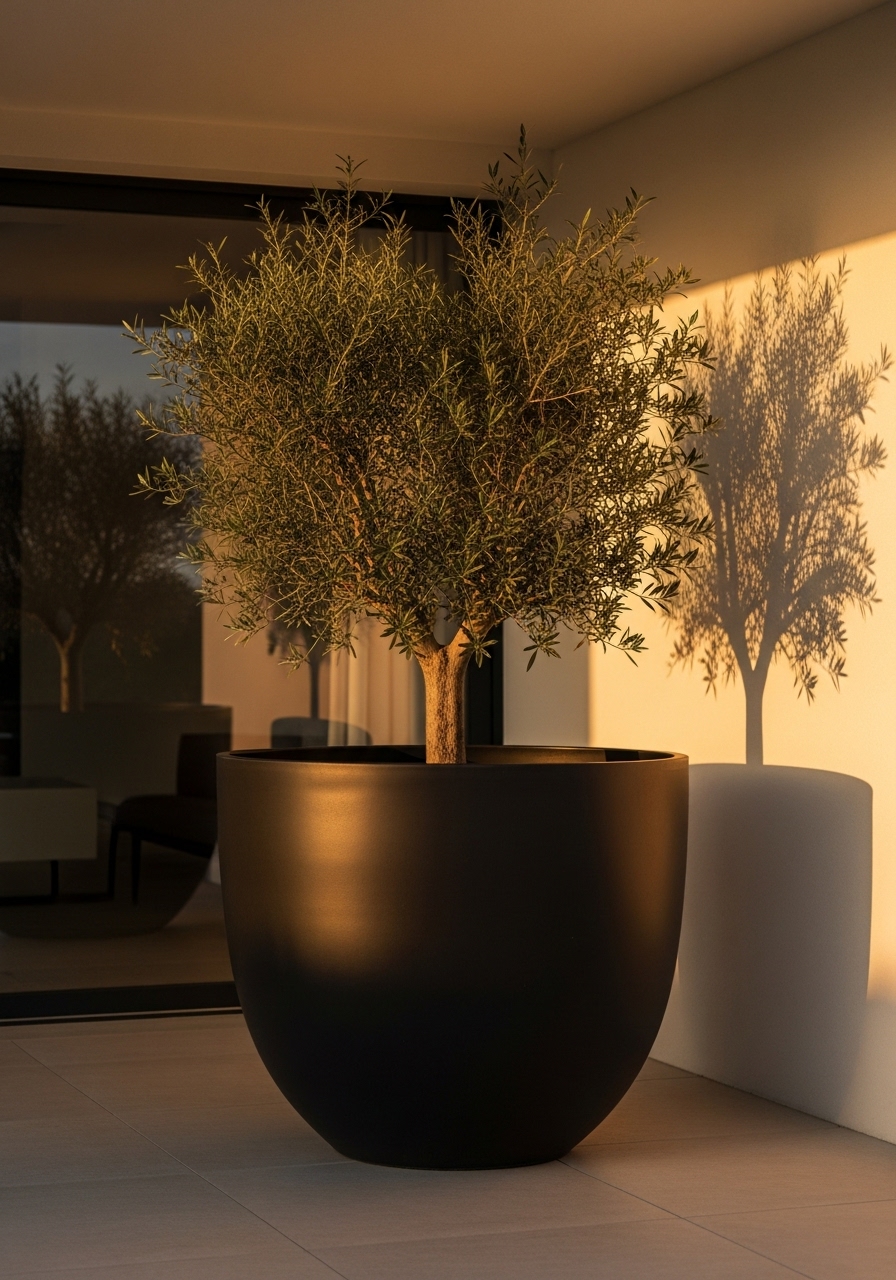 Großer runder Pflanzkübel in Schwarz mit Olivenbaum auf moderner Terrasse im warmen Abendlicht