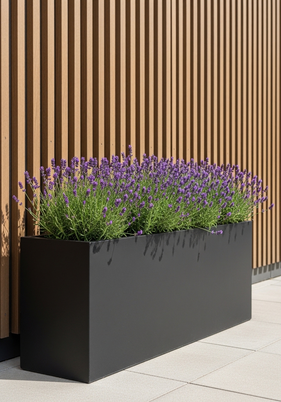 Langer anthrazitfarbener Pflanztrog aus Fiberglas mit Lavendel vor moderner Holzfassade auf der Terrasse