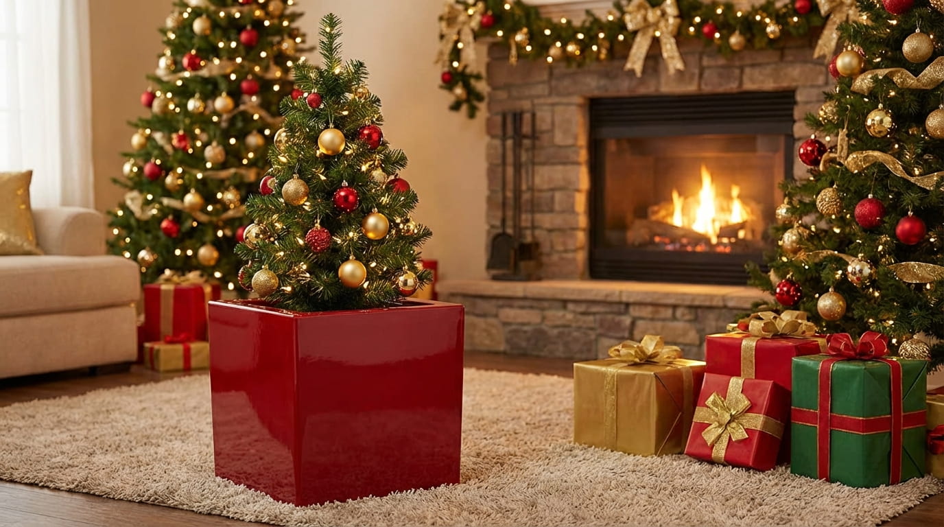 Hochglanzroter Pflanzkübel, der mit Weihnachsdeko beschmückt ist vor einem Kamin im Wohnzimmer.