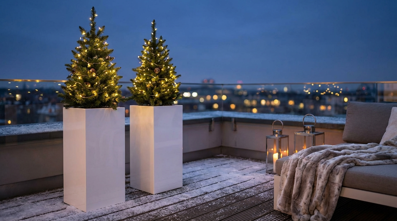 Zwei hochglanzweiße Säulen, bepflanzt auf einer Dachterasse mit Weihnachtsdeko.