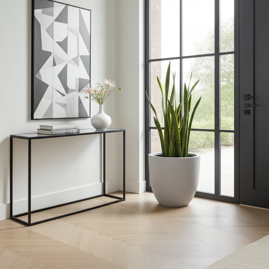 Perlmuttweißer, rund-konischer Pflanzkübel im Innenbereich.