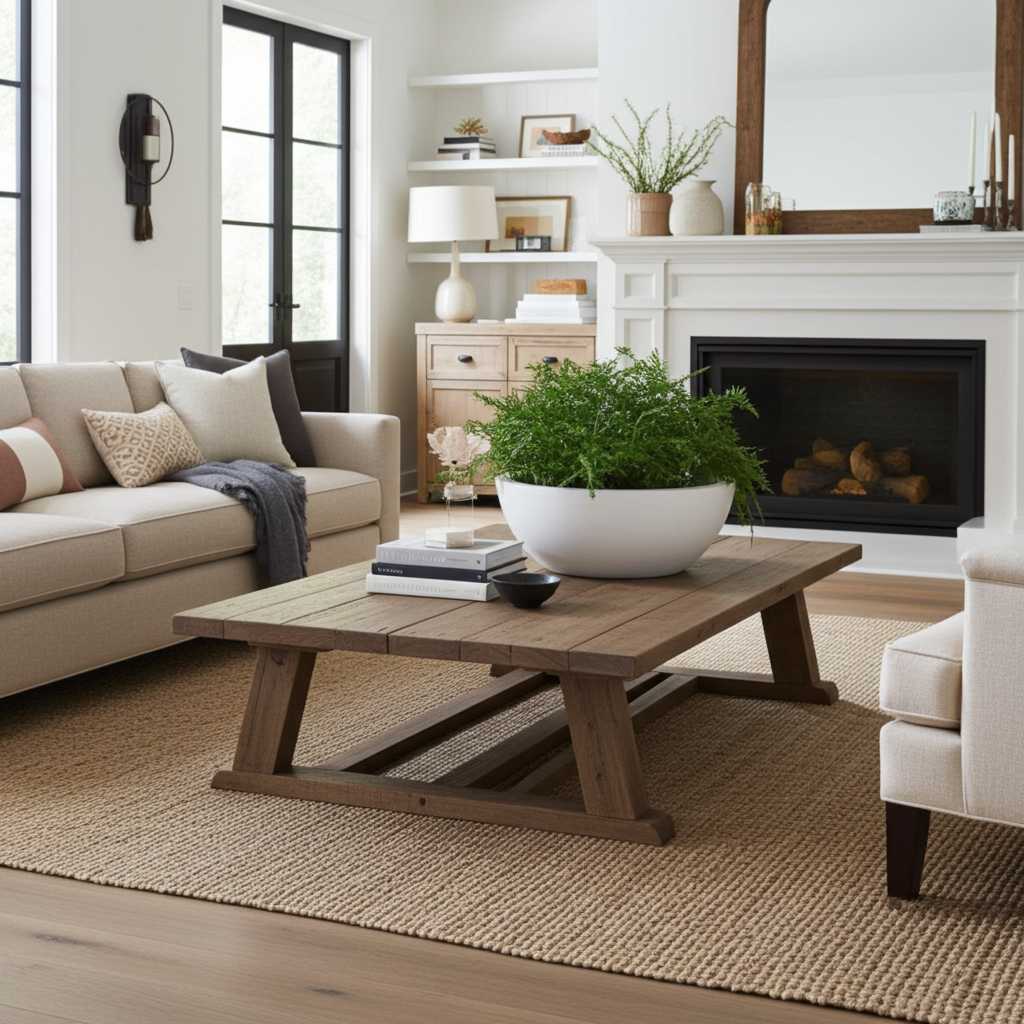 Perlmuttweiße Pflanzschale, bepflanzt auf Wohnzimmertisch.