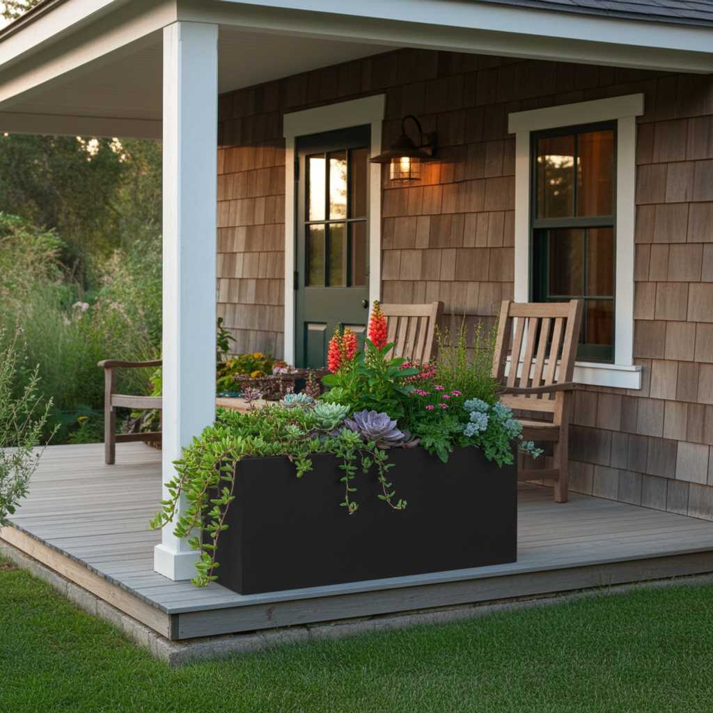 Schwarz matte Pflanzsäulen auf Holzdielen im Außenbereich eines Hauses direkt am Meer.