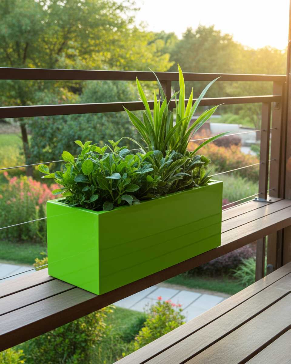 Rechteckiger Balkonkasten in Hochglanz Grün mit frischen Kräutern bepflanzt.