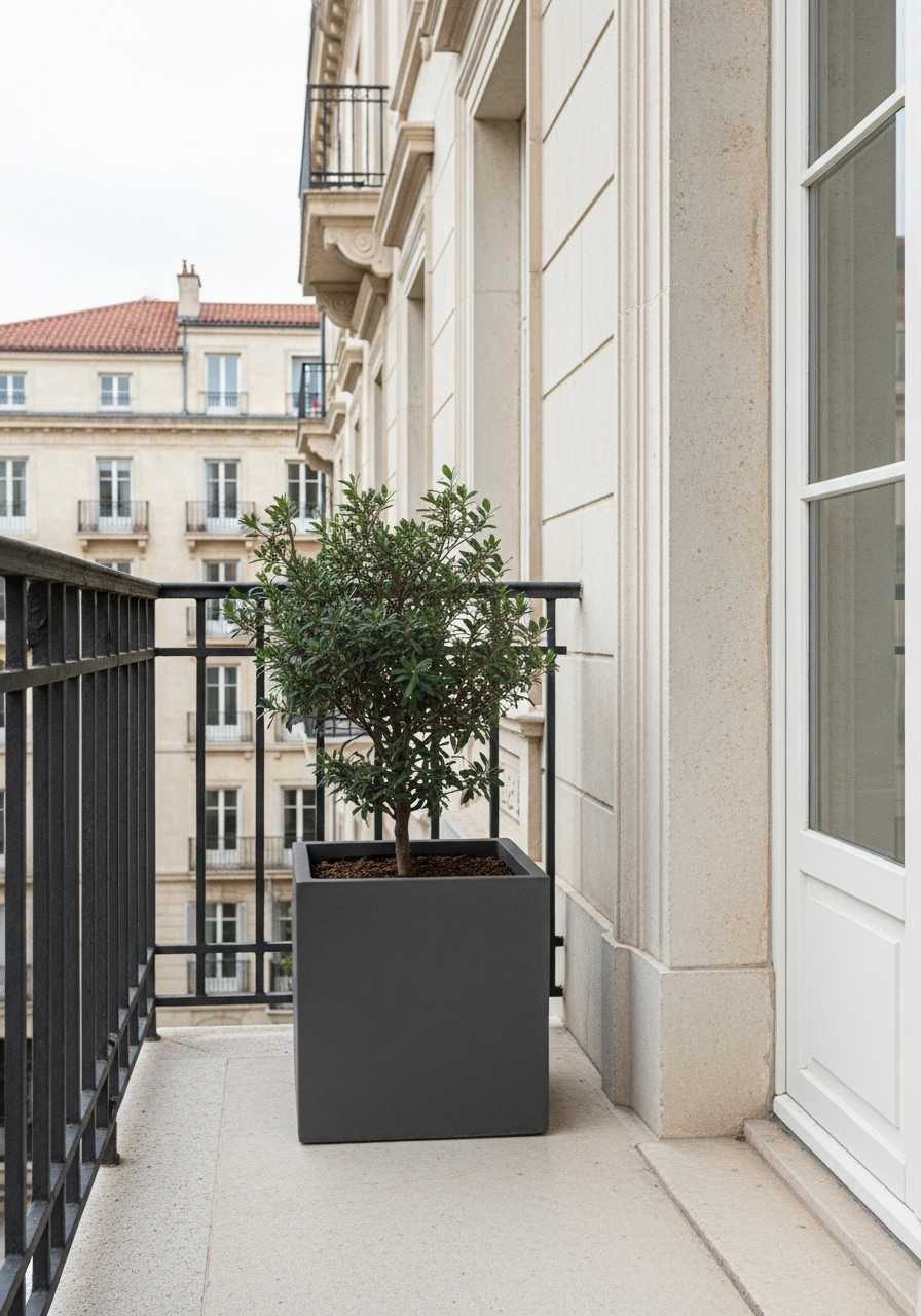 Quadratischer Blumenkübel in Anthrazit (50x50 cm) als moderner Würfel-Pflanztopf auf Stadtbalkon.