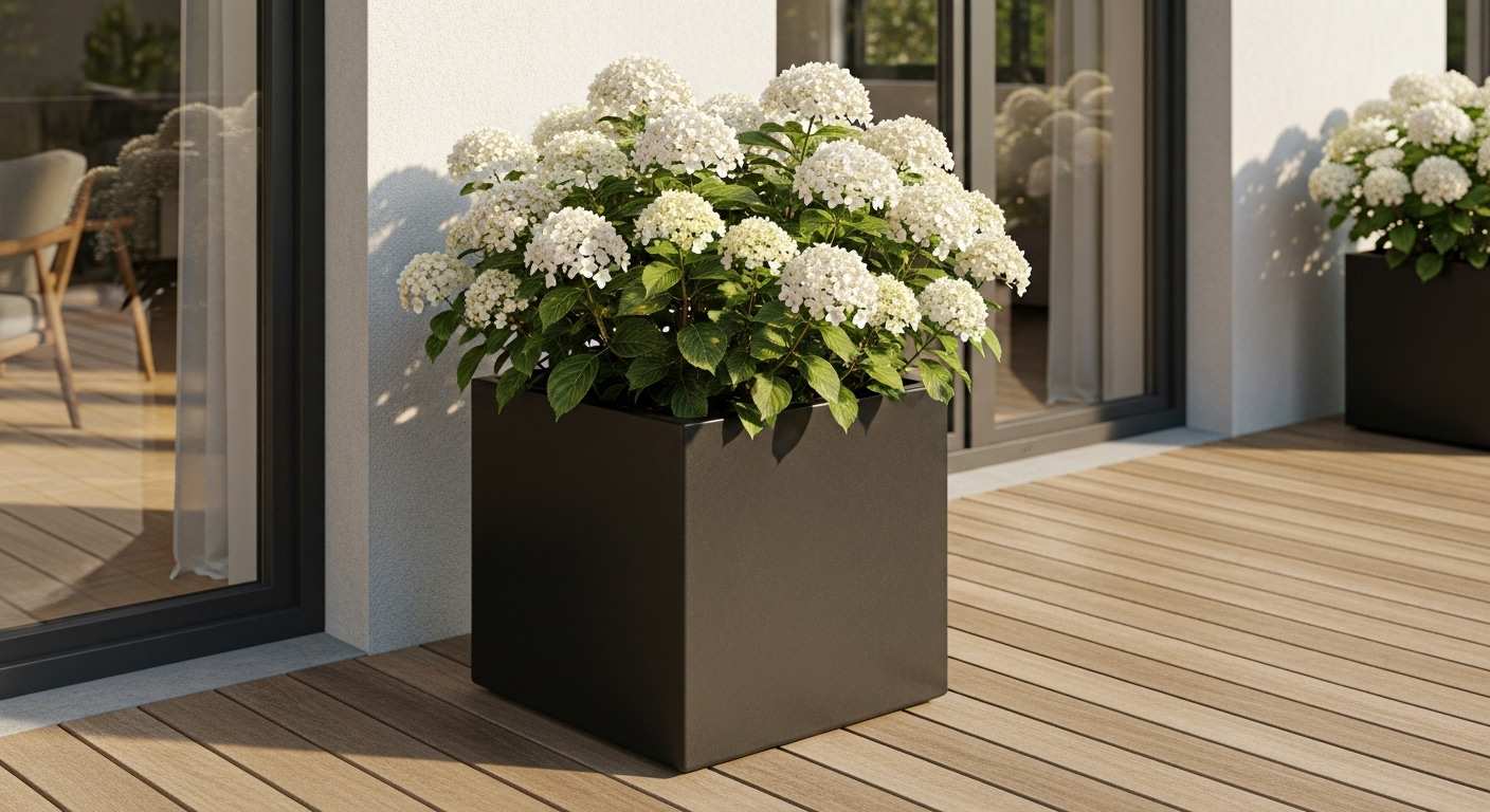 Quadratischer Pflanzkübel in Anthrazit Metallic, bepflanzt mit Hortensien, steht im Außenbereich auf Holzdielen einer Terasse.