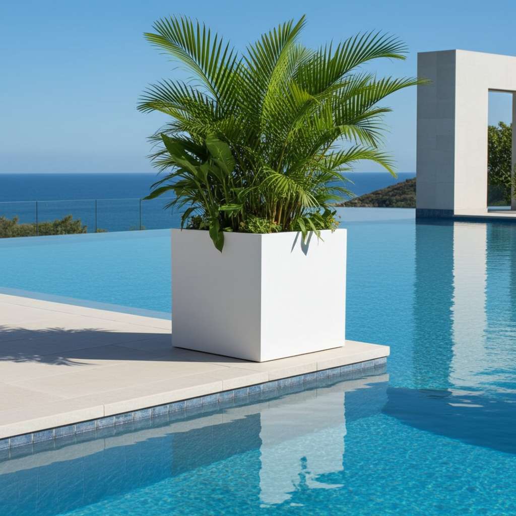 Quadratischer Fiberglas-Pflanzkübel in Perlmuttweiß mit feinem Schimmer, bepflanzt am Poolrand.