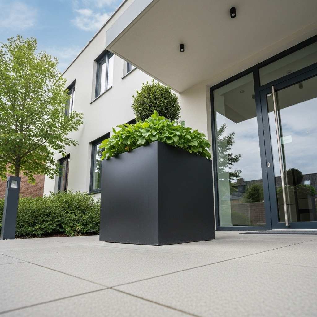 Quadratischer, matt schwarzer Pflanzkübel am Eingang eines modernen Hauses.