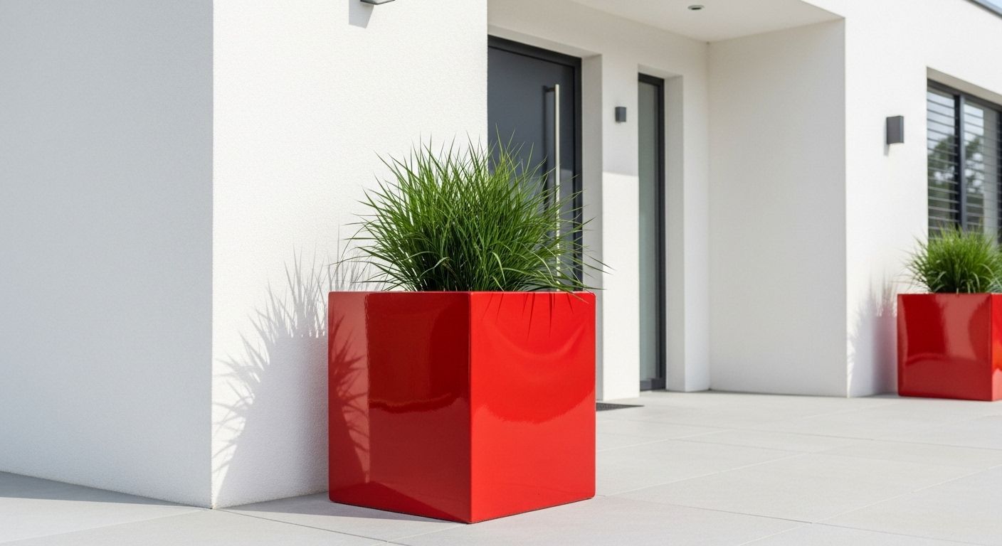 Pflanzkübel Hochglanz Rot quadratisch aus Fiberglas vor einer weißen Hausfassade.