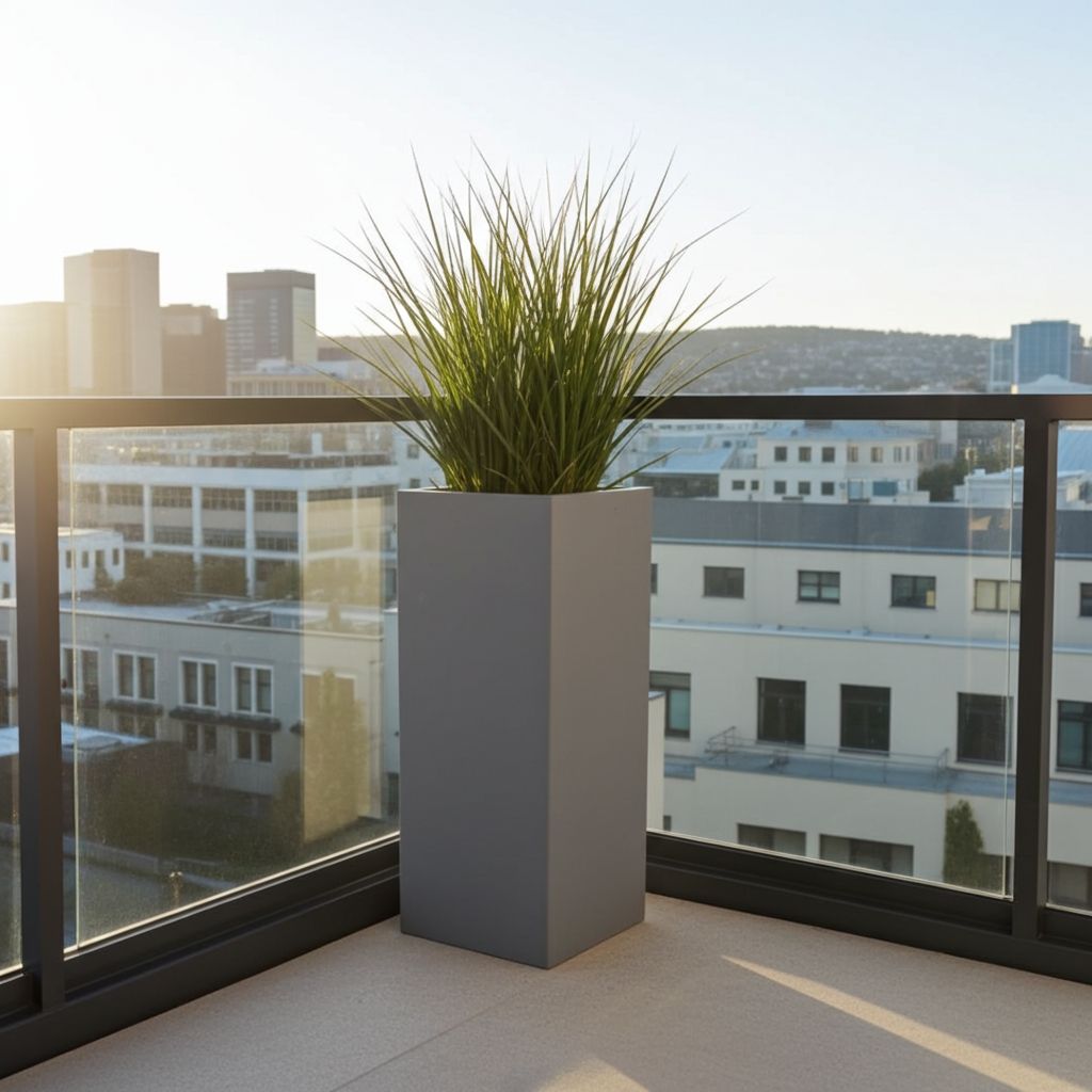 Hohe rechteckige Pflanzsäule in Grau (Betonoptik) auf einem Balkon, modernes Gefäß in Betongrau.