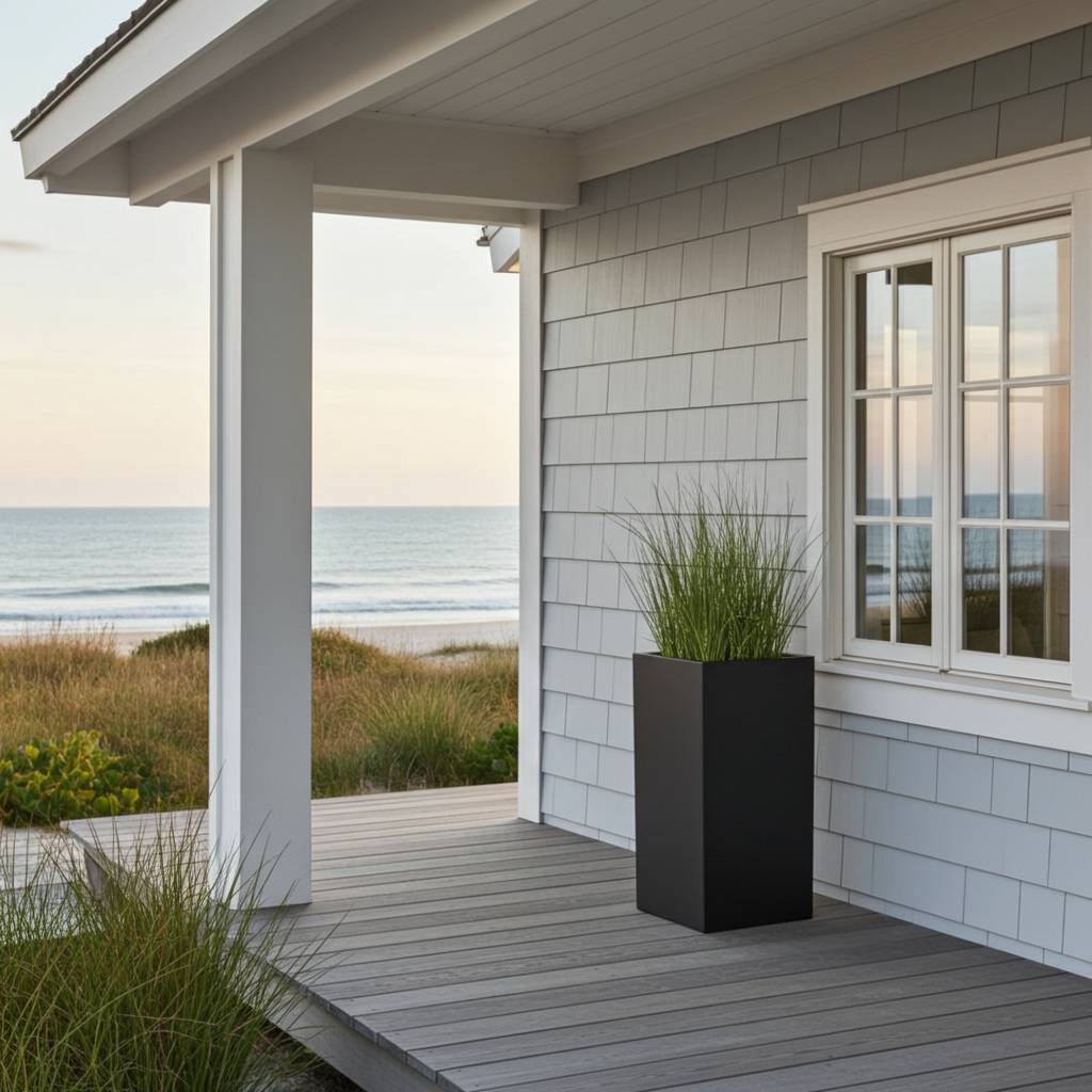 Matt schwarzer Pflanztrog mit Bepflanzung auf Holzdielen vor dem Eingang eines Hauses.