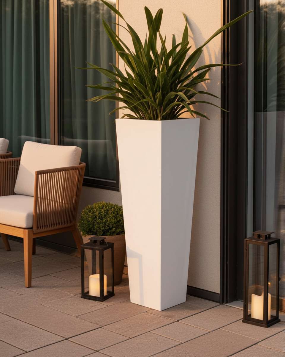 Pflanzsäule hochglanz weiß 100 cm, hohes Gefäß (SW-100) für Gartentreppen und Eingänge.
