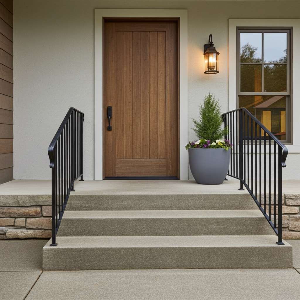 Rund konischer Pflanzkübel in Beton-Optik auf Treppe.