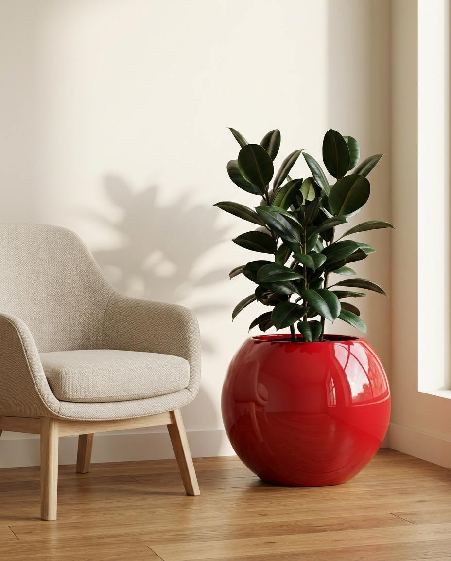 Pflanzkübel Hochglanz Rot kugelförmig aus Fiberglas im Innenbereich neben einem hellen Sessel.