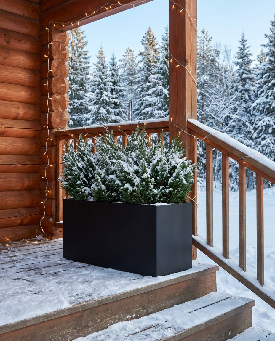 Schwarzer, matter Pflanztrog am Hauseingang im Winter – als eleganter Blickfang im Außenbereich.