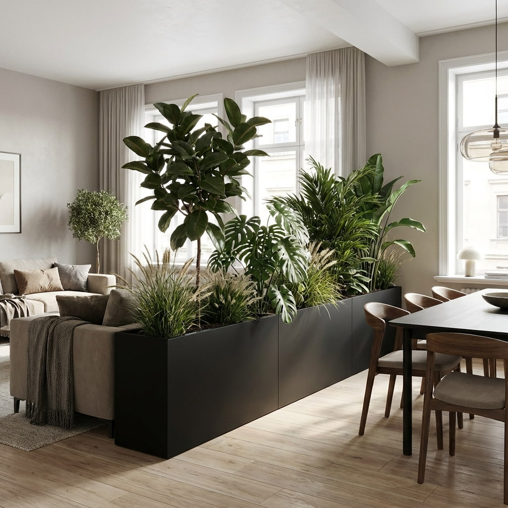 Schwarz matte Pflanztröge als Raumteiler zwischen Wohnzimmer und Esszimmer.