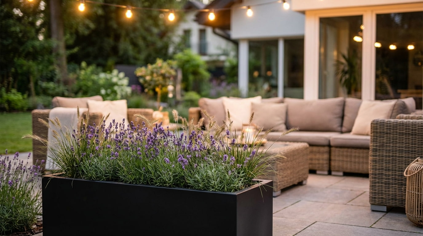 Schwarz matter bepflanzter Pflanztrog, direkt vor einer Sitzgelegenheit im Außenbereich.