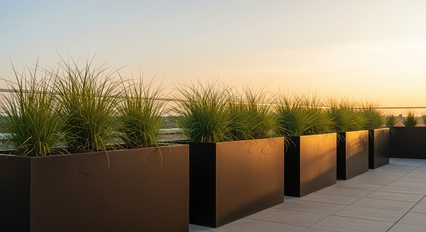 Eine Reihe schwarz matter Pflanztröge auf dem Dach als Sichtschutz.