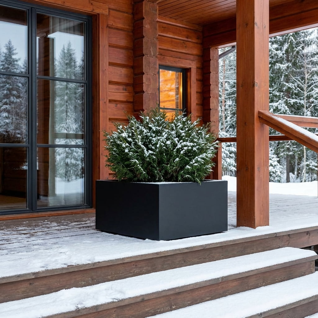 Niedrig quadratischer, schwarz matter Pflanzkübel aus Fiberglas im Winter auf Holzdielen im Außenbereich.