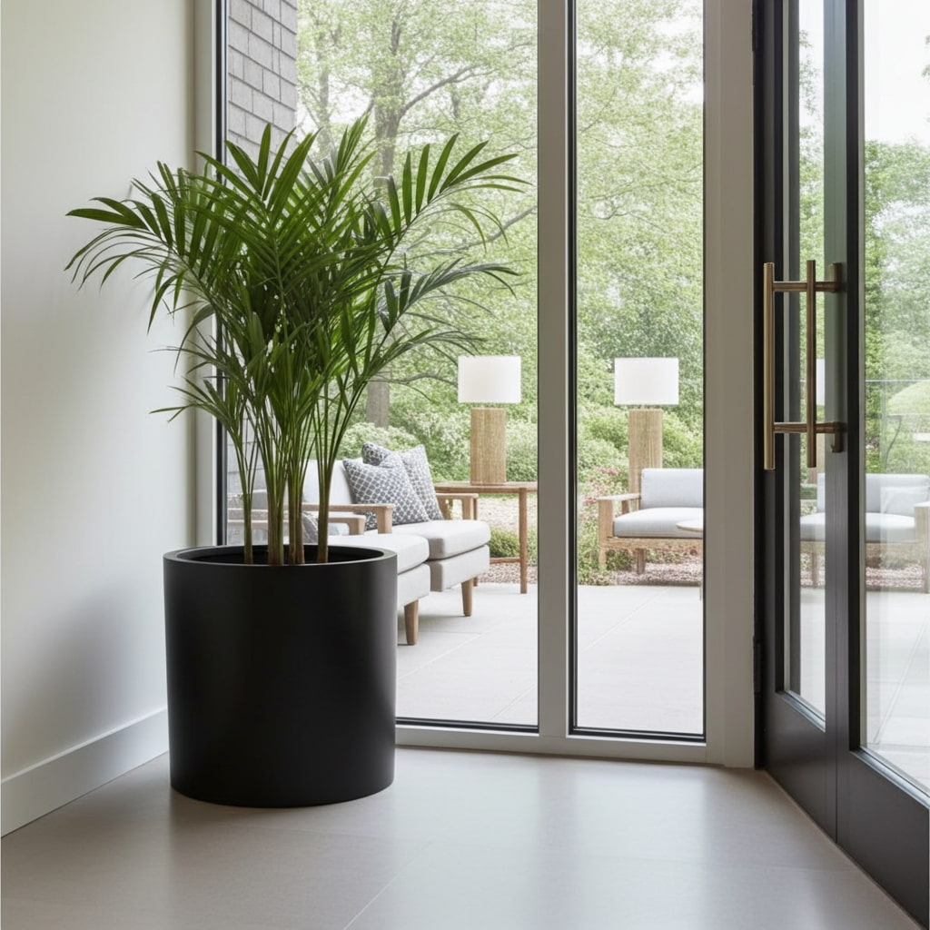 Zylindrischer, bepflanzter Pflanzkübel direkt am Eingang im Innenbereich.