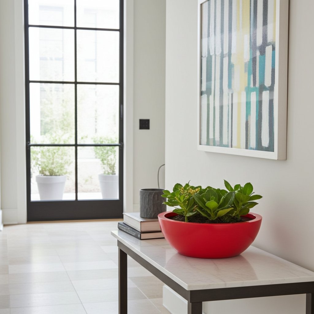 Rote Pflanzschale ohne Abfluss aus Fiberglas, bepflanzt auf einem Tisch im Eingangsbereich.