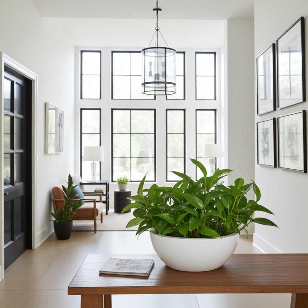 Hochglanzweiße Pflanzschale ohne Einsatz auf einem Holztisch im Innenbereich, mit dekorativer Bepflanzung.