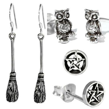 alt-Magie Hexe Pentagramm Besen Zauber Eule Ohrstecker Ohrringe Ohrhänger Set 