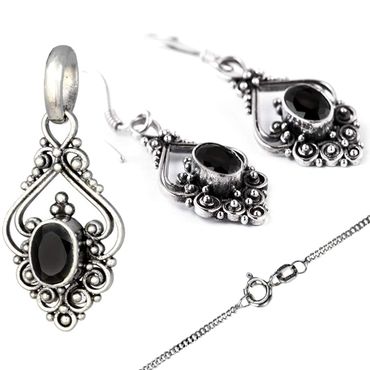 alt-Jugendstil Schmuck Set Silberanhänger, Kette, Ohrringe Kristall, Schwarz 925er Silber