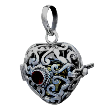 alt-Herz Medallion mit Klangkugel zum Öffnen mit rotem Zirkonia 925er Silber 2.9 cm 