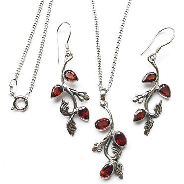 alt-Ohranhänger Set Silber Kette Anhänger Blätter Granat Granatstein ROT 925 Silber