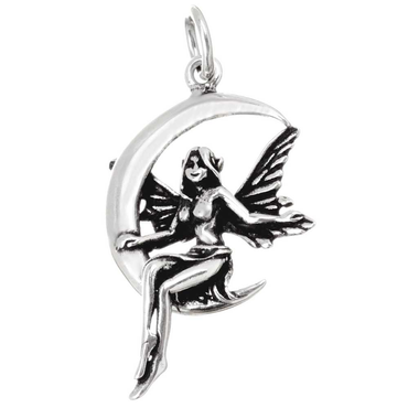 Auf Mond sitzende FeeElfe Schmuck Anhänger Silber Elfen Feen 37x26mm