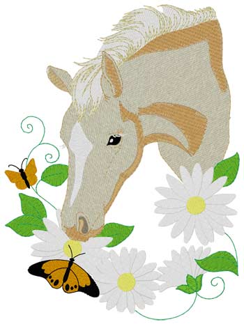 Palomino Pony mit Blumen - Stickmotiv ideal für Schabarcken 