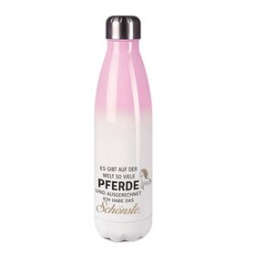 Edelstahl-Thermosflasche rose/weiß mit Druck: ES GIBT AUF DER WELT SO VIELE PFERDE UND AUSGERECHNET ICH HABE DAS SCHÖNSTE