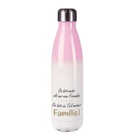 Edelstahl-Thermosflasche rose/weiß mit Druck: DU BIST MEHR ALS NUR EINE FREUNDIN DU BIST EIN TEIL MEINER FAMILIE