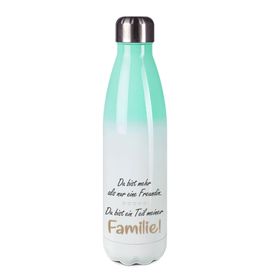 Edelstahl-Thermosflasche mint/weiß mit Druck: DU BIST MEHR ALS NUR EINE FREUNDIN DU BIST EIN TEIL MEINER FAMILIE