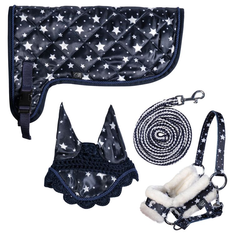 HobbyHorse Set Halfterset, Fliegenohren Abschwitzdecke navy mit Sternenmuster