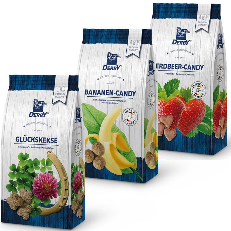 DERBY 3er Pack Pferdeleckerchen Banane & Erdbeere Candy & Glückskekse (3x1kg)