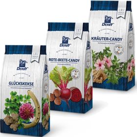 DERBY 3er Pack Pferdeleckerchen rote Beete & Kräuter Candy & Glückskekse (3x1kg)
