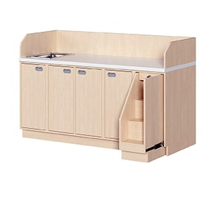 Wickelkommode mit Waschbecken, Treppe und 4 Regalschränken mit Türen, Breite 179 cm