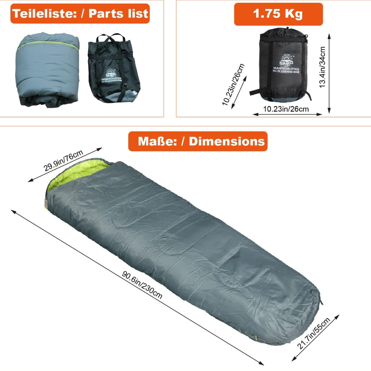 Sunsmile Mumienschlafsack Partnerschlafsack Reiverschluss rechts grau |  Mega-Einkaufsparadies