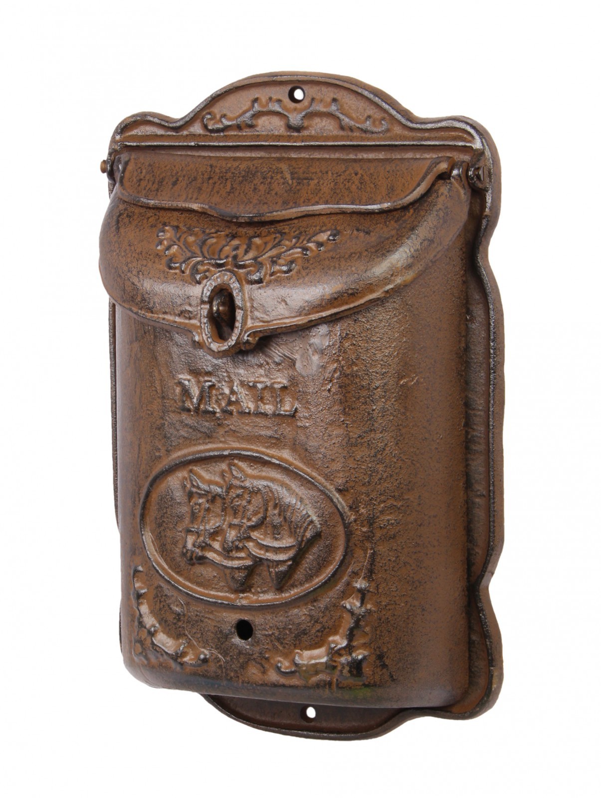 Antiker Briefkasten aus Gusseisen für die Wand mit edlen Pferdemotiven